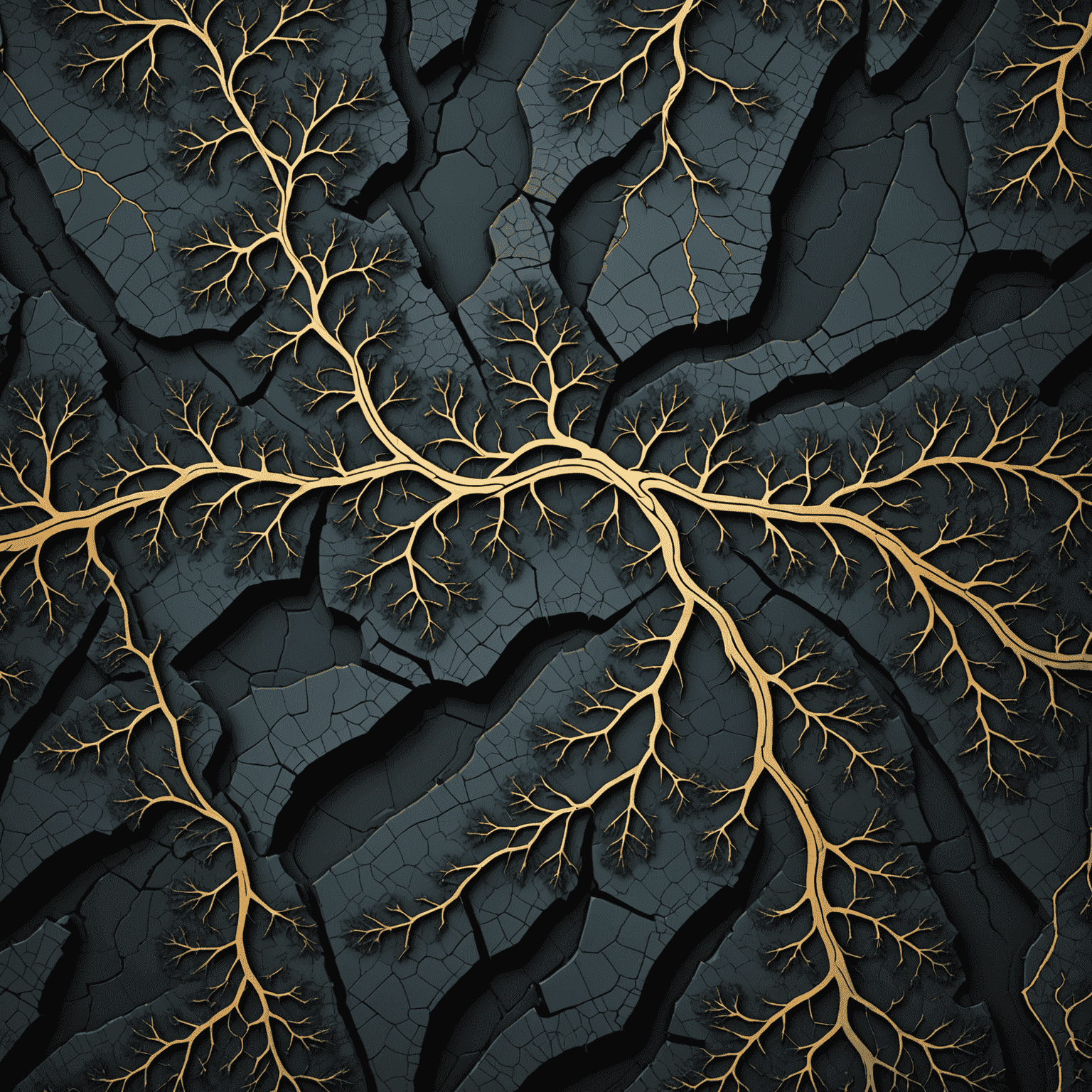 A complex fractal pattern resembling earthquake fault lines, with branching cracks spreading across a dark surface in a self-similar pattern at different scales