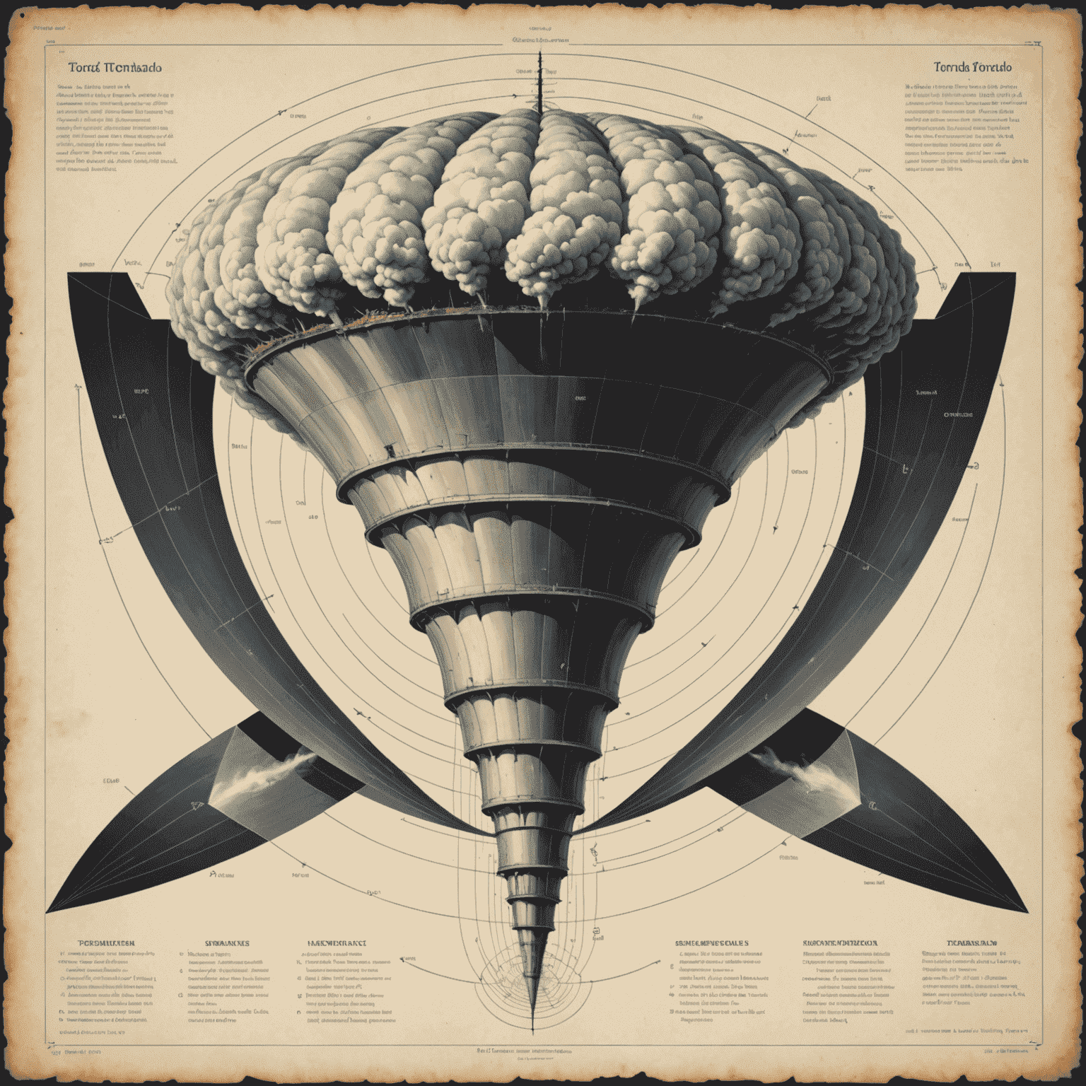 A diagram showing the funnel shape and rotational symmetry of a tornado, with geometric overlays highlighting the symmetrical patterns in its formation