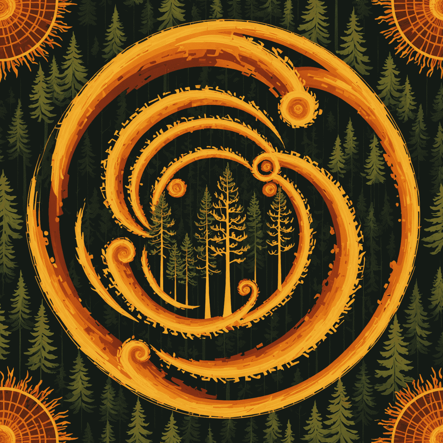 A geometric representation of wildfire spread patterns overlaid with golden ratio spirals. The image shows a stylized forest landscape with fire progression lines forming Fibonacci-like curves.