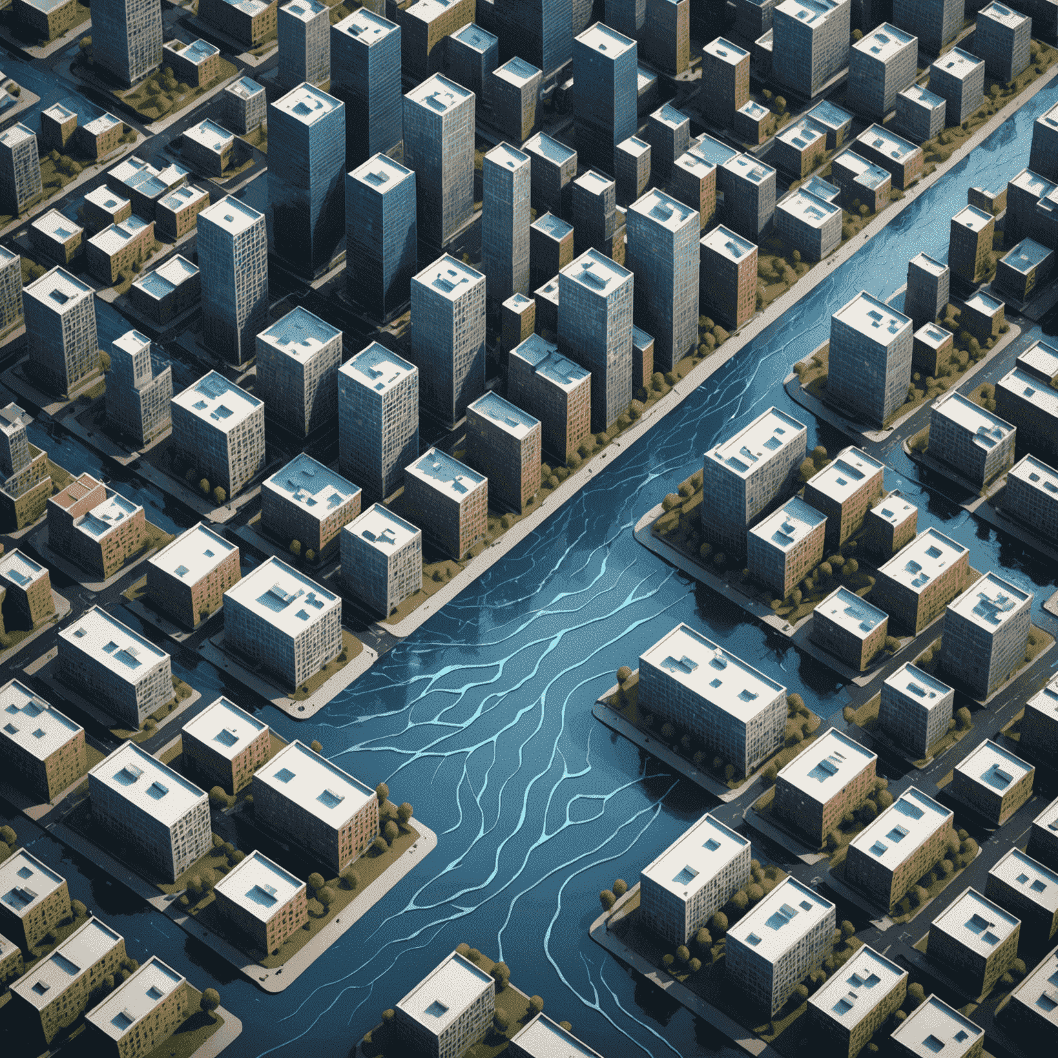 Isometric 3D model of a city grid overlaid with blue flood patterns, showcasing how urban geometry affects water flow during extreme precipitation events