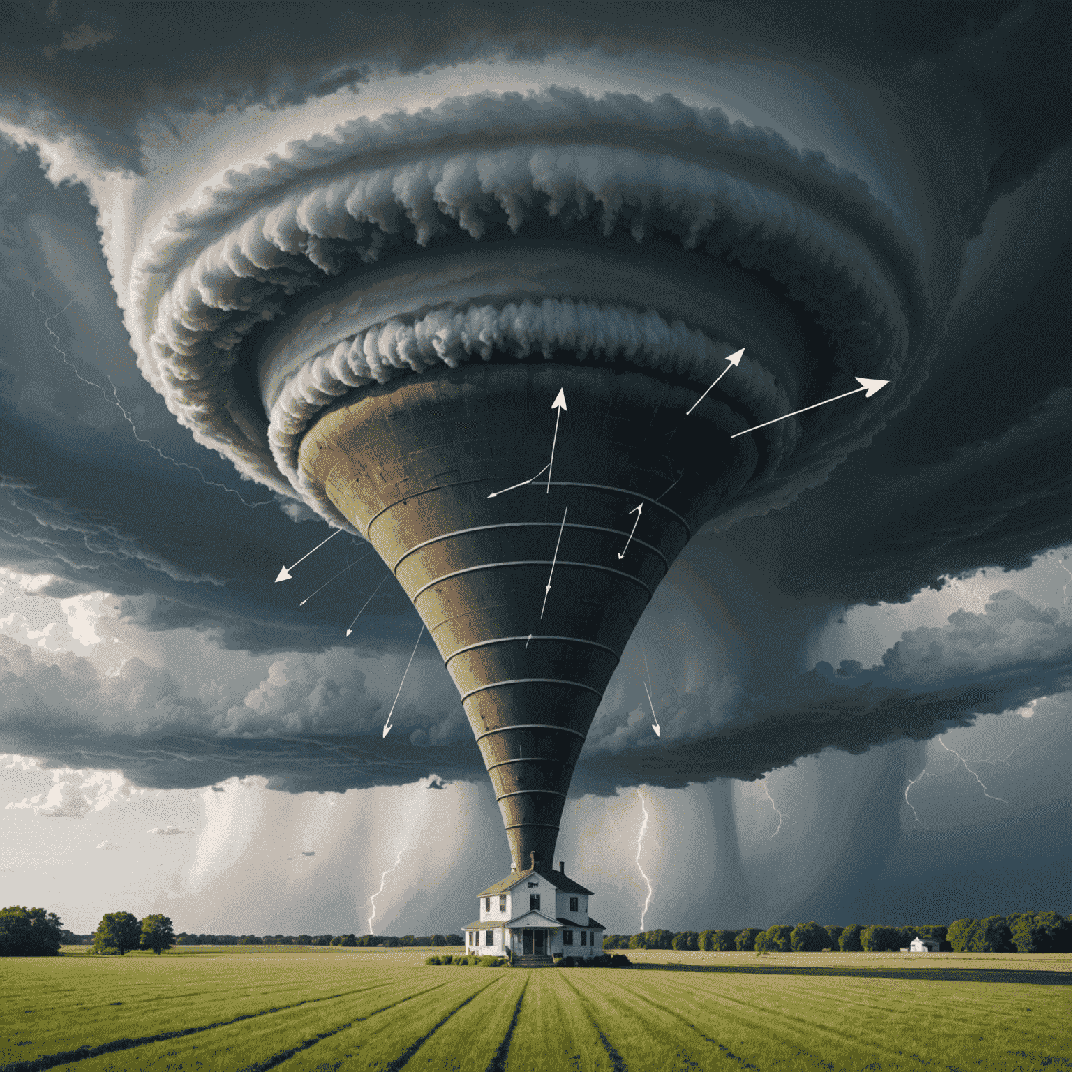 Diagram showing the perfect rotational symmetry of a tornado funnel, with arrows indicating wind direction and speed