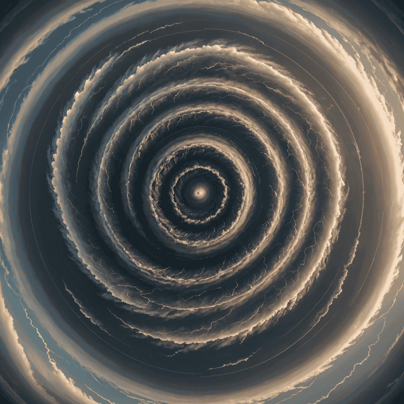 A top-down view of a tornado showing concentric circles representing wind speed gradients, illustrating the rotational symmetry of the storm