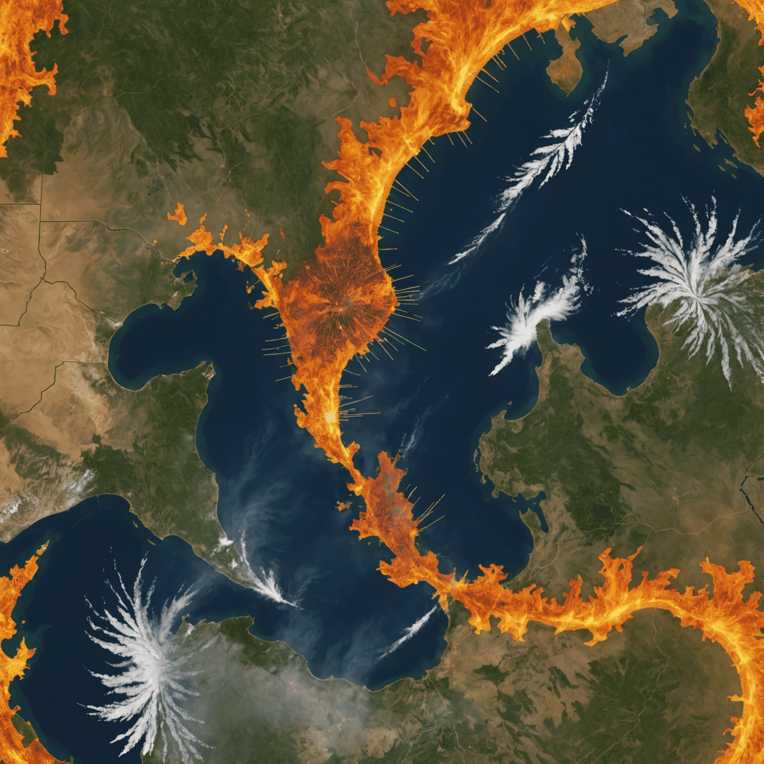 A series of satellite images showing the progression of a large wildfire over time, with overlay graphics highlighting spiral patterns in the fire's expansion that resemble the golden ratio.