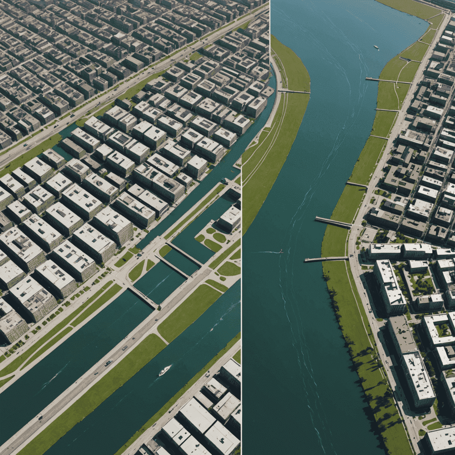 Split-screen comparison of flood simulations in different urban geometries: a grid layout vs. a radial city design, with color-coded water depth indicators