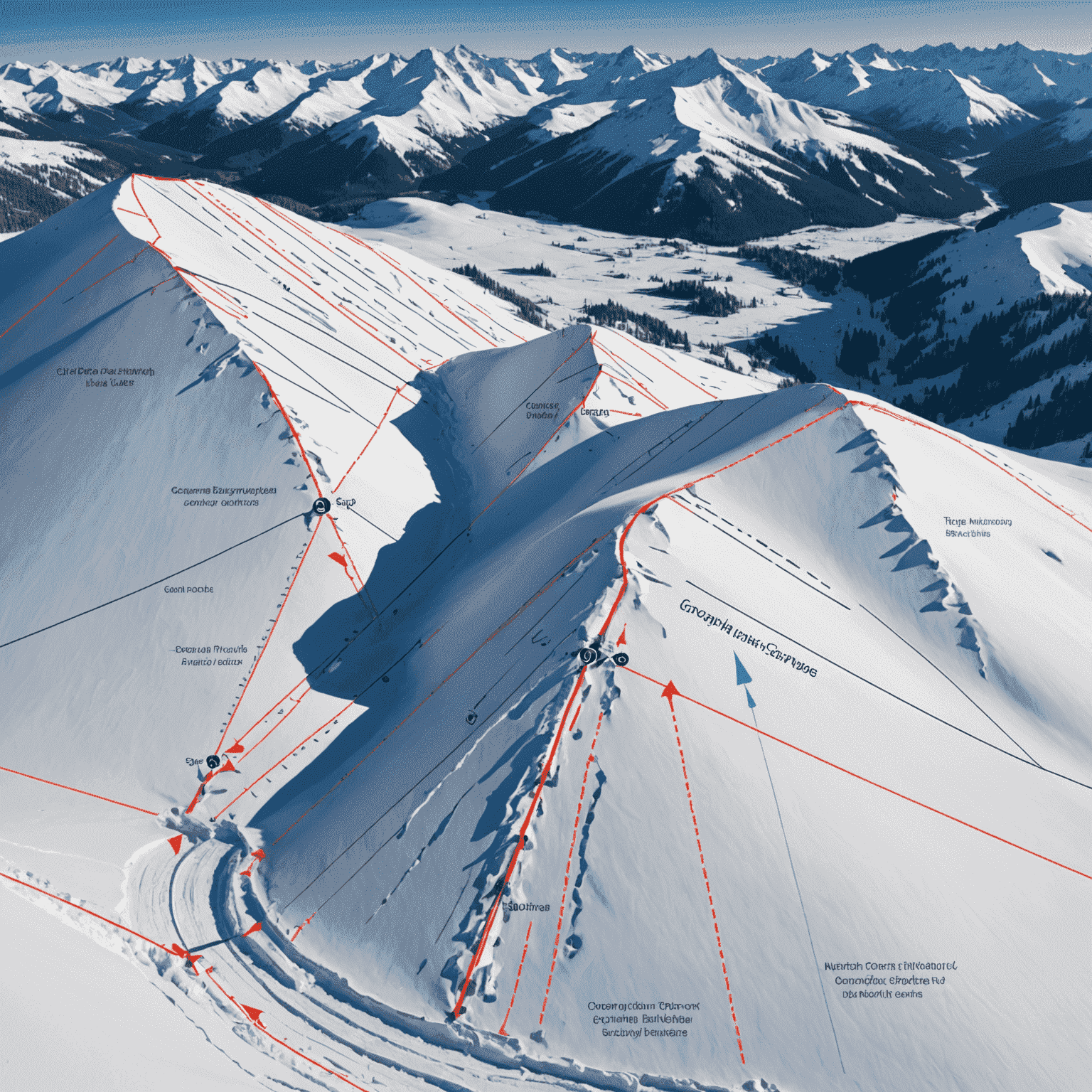 Geometric diagram showing convex and concave slope profiles with arrows indicating stress points and potential fracture lines in snowpack