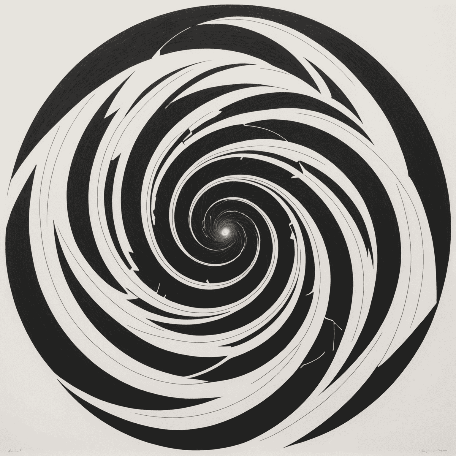 Geometric representation of a tornado, showing perfect rotational symmetry with concentric circles and spiraling lines in black on a white background