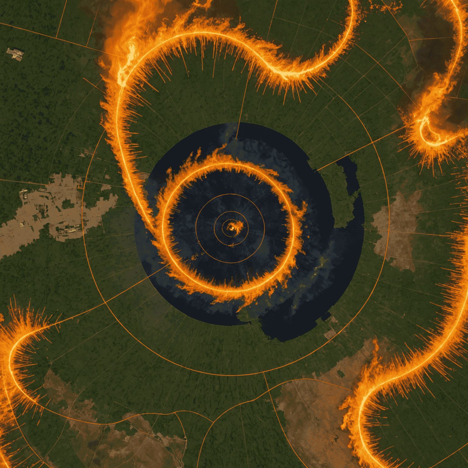 Overlay of the golden spiral on a satellite image of wildfire spread, showing potential correlation between fire progression and this mathematical principle