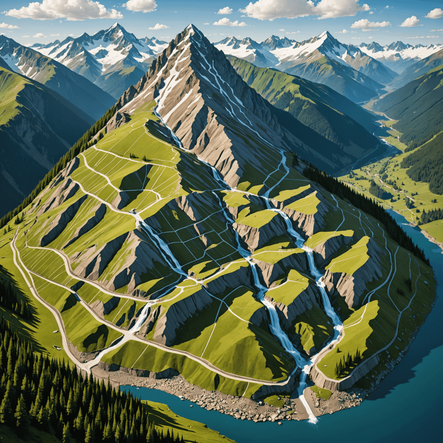 Isometric illustration of a mountainside with various geometric avalanche mitigation structures including deflection wedges, catchment basins, and terraced slopes