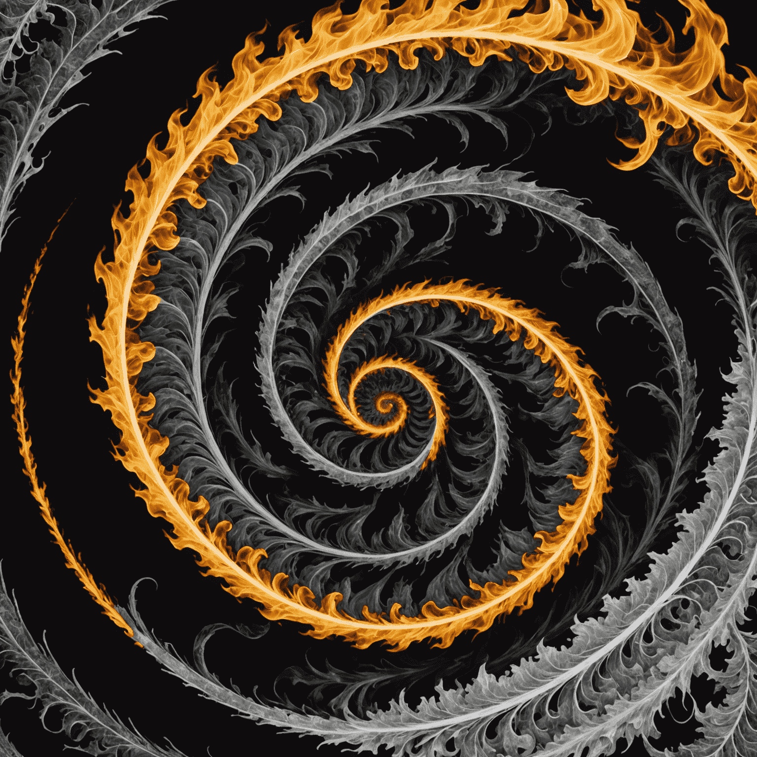 Abstract representation of wildfire spread using the golden spiral, with flame-like patterns following the Fibonacci sequence in black and white