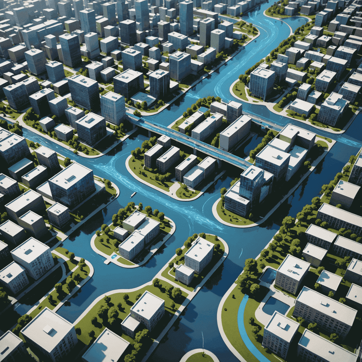 3D model of a city showing flood pathways influenced by street layouts and building geometries, with water flow represented by blue lines